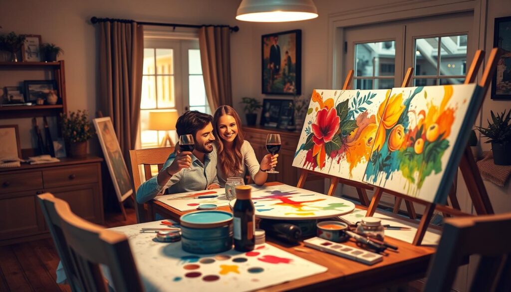 Couple enjoying paint and sip at home